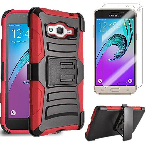 0617395988129 - SAMSUNG GALAXY SKY J3 V J3V / AMP PRIME/ GALAXY SOL 4G CASE HEAVY DUTY SHOCK IMPACT PROTECTION DUAL LAYER TACTICAL ARMOR KICKSTAND HOLSTER CASE + LCD SCREEN PROTECTOR (RED)