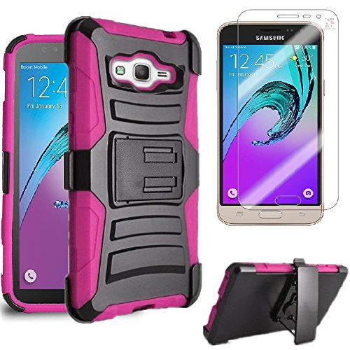 0617395988136 - SAMSUNG GALAXY SKY J3 V J3V / AMP PRIME/ GALAXY SOL 4G CASE HEAVY DUTY SHOCK IMPACT PROTECTION DUAL LAYER TACTICAL ARMOR KICKSTAND HOLSTER CASE + LCD SCREEN PROTECTOR (PINK)