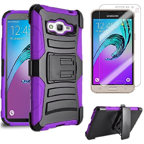 0617395988433 - SAMSUNG GALAXY SKY J3 V J3V / AMP PRIME/ GALAXY SOL 4G CASE HEAVY DUTY SHOCK IMPACT PROTECTION DUAL LAYER TACTICAL ARMOR KICKSTAND HOLSTER CASE + LCD SCREEN PROTECTOR (PURPLE)