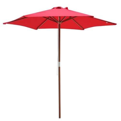 0617401643738 - QUALITY MADE 8 FOOT PATIO FURNITURE MARKET ROUND UMBRELLA RED ANTI-FADE POLYESTER W/ SOLID GERMAN BEECH WOOD POLE 6-RIB CANOPY FRAME SUNSHADE UV30+ PROTECTIVE