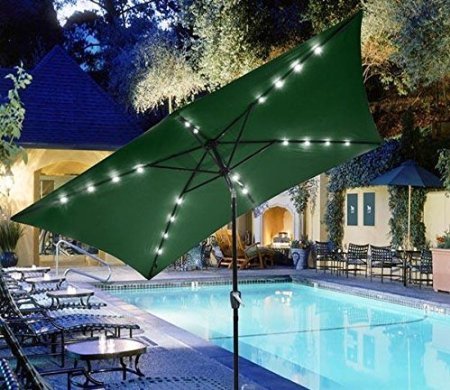 0617401645435 - 10 BY 6 1/2 FEET RECTANGLE GREEN POLYESTER UMBRELLA W/ SOLAR POWERED 20 WHITE LED LIGHTS 1500MAH NI-MH BATTERY ALUMINUM TILT SYSTEM FOR PATIO OUTDOOR BEACH UV PROTECTIVE SUN SHADE DAY NIGHT TIME