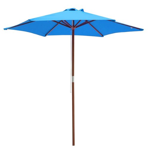 0617401656561 - HEAVY DUTY BLUE POLYESTER 8X8 FT / 96 IN. PATIO UMBRELLA & 6-RIB 91 WOOD POLE W/ PULLEY WATERPROOF SUN SHADE UV PROTECT FOR OUTDOOR GARDEN MARKET BEACH CANOPY