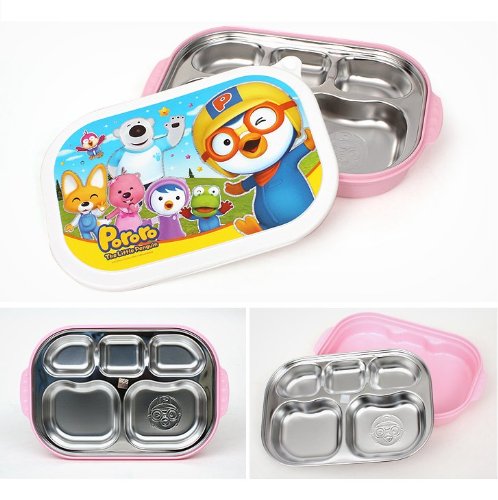 0617407809633 - PORORO, PORTABLE STAINLESS STEEL DIVIDED FOOD TRAY, PLATTER WITH LID IN PINK, MADE IN KOREA