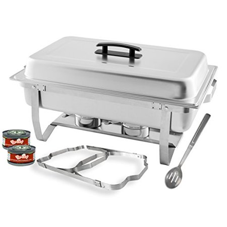 0617407991949 - TIGERCHEF 8 QUART FULL SIZE STAINLESS STEEL CHAFER WITH FOLDING FRAME AND COOL-TOUCH PLASTIC ON TOP - INCLUDES 2 FREE CHAFING GELS AND SLOTTED SERVING SPOON (1, 8 QUART CHAFER)