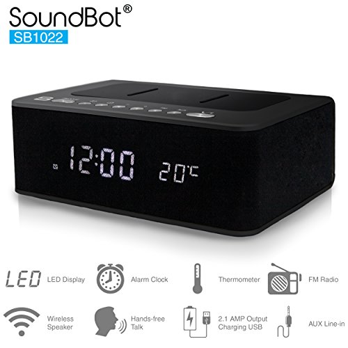 0617629993264 - SOUNDBOT® SB1022 FM RADIO BLUETOOTH WIRELESS SPEAKER & ALARM CLOCK FOR MUSIC STREAMING & HANDS-FREE TALKING W/ FM TUNER, 2.1A USB CHARGING STATION, BUILT-IN MIC, 3.5MM AUX LINE-IN, THERMOMETER DISPLAY