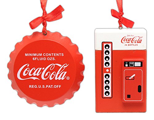 0617633907998 - BUNDLE OF 2 LICENSED COCA-COLA CHRISTMAS TREE ORNAMENTS WITH RIBBON FOR HANGING - VINTAGE STYLE BOTTLE CAP AND VENDING MACHINE
