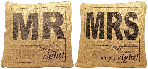 0617633910325 - SET OF 2 ADAMS & CO. 10 X 10 MR RIGHT & MRS ALWAYS RIGHT BURLAP THROW PILLOWS