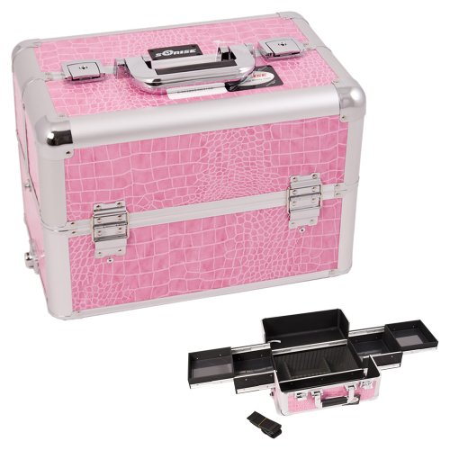 0618020867499 - SUNRISE PINK INTERCHANGEABLE EASY SLIDE TRAY CROCODILE TEXTURED PRINTING PROFESSIONAL ALUMINUM COSMETIC MAKEUP CASE WITH DIVIDERS - E3301