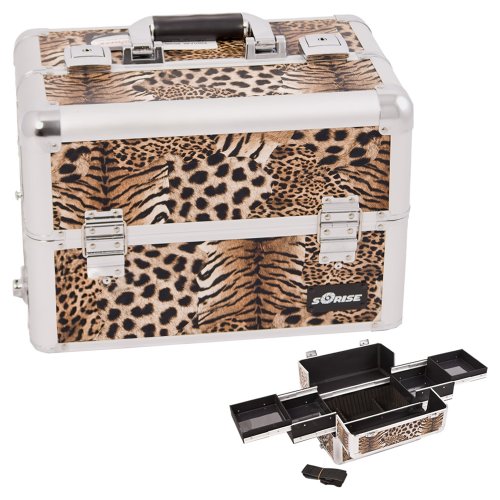 0618020867529 - SUNRISE BROWN INTERCHANGEABLE EASY SLIDE TRAY LEOPARD TEXTURED PROFESSIONAL ALUMINUM COSMETIC MAKEUP CASE ORGANIZER WITH DIVIDERS