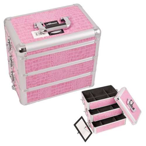 0618020867536 - SUNRISE PINK INTERCHANGEABLE STACKABLE TRAY CROCODILE TEXTURED PRINTING PROFESSIONAL ALUMINUM COSMETIC MAKEUP CASE WITH DIVIDERS - E3303