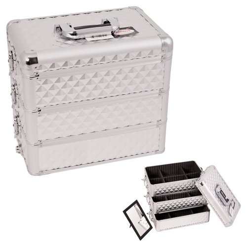0618020867543 - SUNRISE SILVER INTERCHANGEABLE STACKABLE TRAY DIAMOND PATTERN PROFESSIONAL ALUMINUM COSMETIC MAKEUP CASE ORGANIZER WITH DIVIDERS