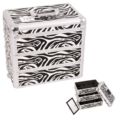 0618020867567 - SUNRISE WHITE INTERCHANGEABLE STACKABLE TRAY ZEBRA TEXTURED PRINTING PROFESSIONAL ALUMINUM COSMETIC MAKEUP CASE WITH DIVIDERS - E3303