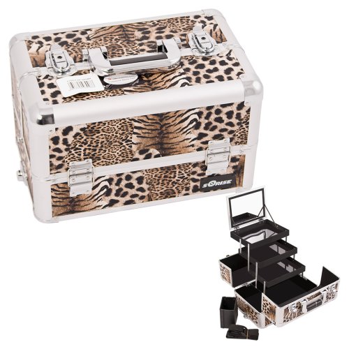 0618020867574 - SUNRISE BROWN INTERCHANGEABLE 3-TIER EXTENDABLE TRAY LEOPARD TEXTURED PROFESSIONAL ALUMINUM COSMETIC MAKEUP ARTIST CASE WITH MIRROR