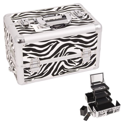 0618020867581 - SUNRISE WHITE INTERCHANGEABLE 3-TIER EXTENDABLE TRAY ZEBRA TEXTURED PROFESSIONAL ALUMINUM COSMETIC MAKEUP ARTIST CASE WITH MIRROR