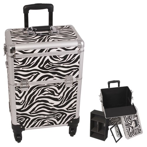 0618020867628 - SUNRISE WHITE INTERCHANGEABLE 4-WHEELS ZEBRA TEXTURED PRINTING PROFESSIONAL ROLLING ALUMINUM COSMETIC MAKEUP CASE WITH REMOVABLE TRAY AND DIVIDERS - E6301