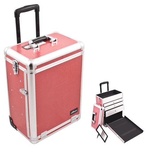 0618020867673 - SUNRISE HOT PINK INTERCHANGEABLE CROCODILE TEXTURED PRINTING PROFESSIONAL ROLLING SILVER ALUMINUM TRIM COSMETIC MAKEUP CASE WITH LARGE DRAWERS