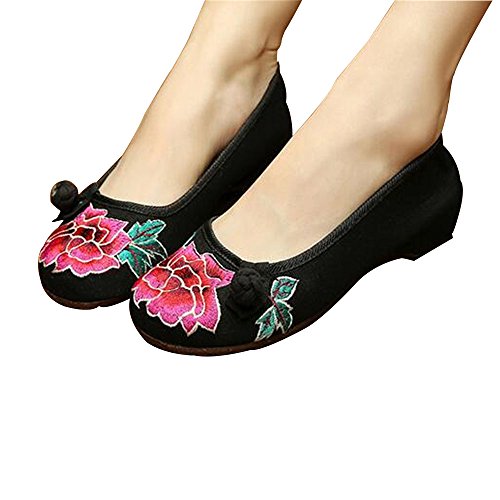 0619084360018 - CHINESE EMBROIDERED FLORAL SHOES WOMEN BALLERINA MARY JANE FLAT BALLET COTTON LOAFER BLACK 37