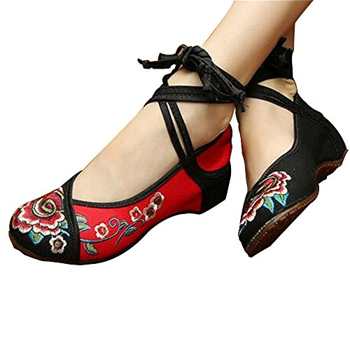 0619084360117 - CHINESE EMBROIDERED FLORAL SHOES WOMEN BALLERINA MARY JANE FLAT BALLET COTTON LOAFER RED AND BLACK 40
