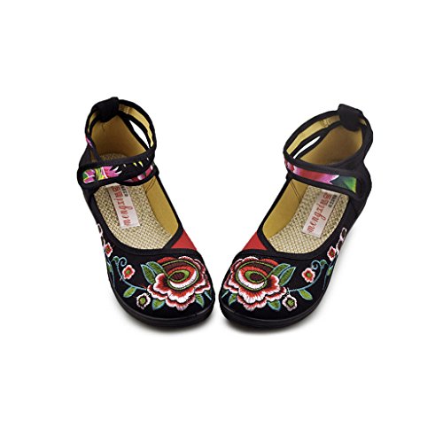 0619084412632 - VINTAGE CHINESE EMBROIDERED FLORAL SHOES WOMEN BALLERINA MARY JANE FLAT BALLET COTTON LOAFER BLACK 38
