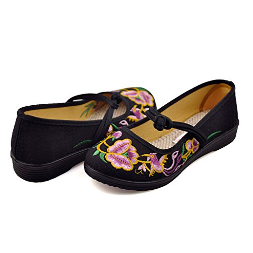0619084412892 - VINTAGE CHINESE EMBROIDERED FLORAL SHOES WOMEN BALLERINA MARY JANE FLAT BALLET COTTON LOAFER BLACK 40