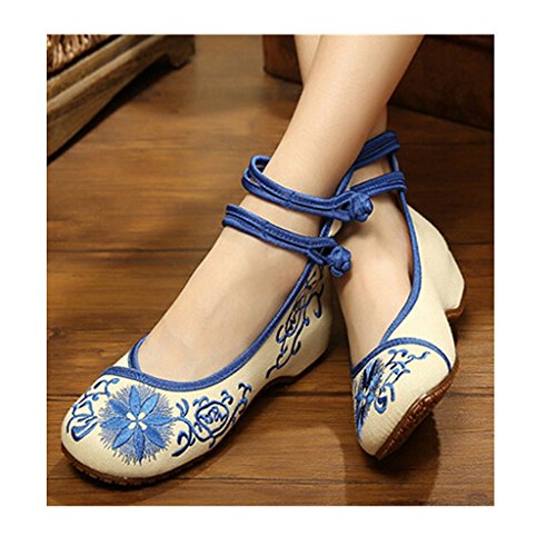 0619084412977 - VINTAGE CHINESE EMBROIDERED FLORAL SHOES WOMEN BALLERINA MARY JANE FLAT BALLET COTTON LOAFER BLUE 40