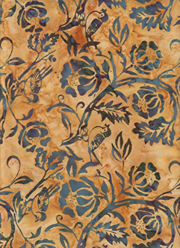 0619096122000 - ISLAND BATIK CHEERY BLUE BIRDS AND WOOD ROSE FLOWERS STAMPED ON GOLDEN BROWN BATIK QUILT FABRIC ~ HALF YARD ~ IKF13A-R1 ~ QUILT FABRIC 100% COTTON 45 (112 CM) WIDE