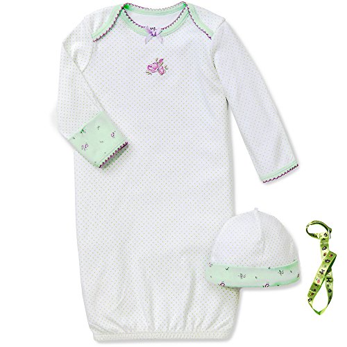 0619159464238 - LITTLE ME ROSE FLOWER DOT NEWBORN GOWN HAT AND TETHER GREEN WHITE PURPLE 0-3 MTH