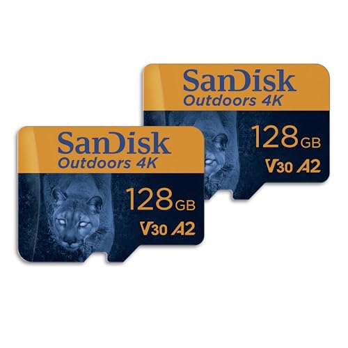 0619659207601 - SANDISK 128GB 2-PACK OUTDOORS 4K MICROSDXC UHS-I MEMORY CARD (2X128GB) WITH SD ADAPTER - UP TO 170MB/S, 4K, C10, U3, V30, A2, TRAIL CAMERA MICRO SD CARD - SDSQXAA-128G-GN6VT
