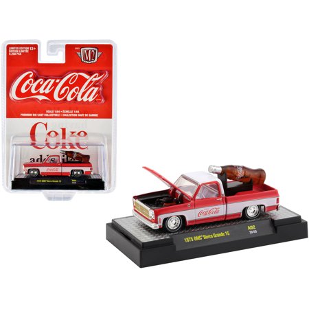 0619837531931 - 1975 GMC SIERRA GRANDE 15 PICKUP TRUCK COKE RED AND WHITE WITH WHITE INTERIOR WITH ”COCA-COLA” BOTTLE LIMITED EDITION TO 9250 PIECES WORLDWIDE 1/64 DIECAST MODEL CAR BY M2 MACHINES
