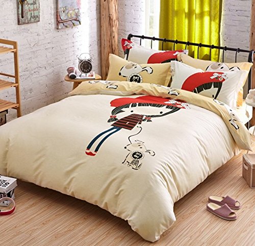 6213766580806 - 4 PIECE BEDDING SET, GIRL & DOG BEDDING, BEIGE & KHAKI BED SETS, SMOOTH PURE COTTON BED SET, FULL/QUEEN SIZE, DUVET COVER 80X91 INCHES (200X230 CM)