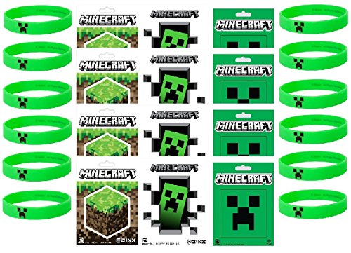 0622057600264 - MINECRAFT PARTY BAG FILLERS - 12 OFFICIAL MINECRAFT CREEPER WRISTBANDS AND 12 OFFICIAL MINE CRAFT STICKERS (CHILDREN: L/XL)
