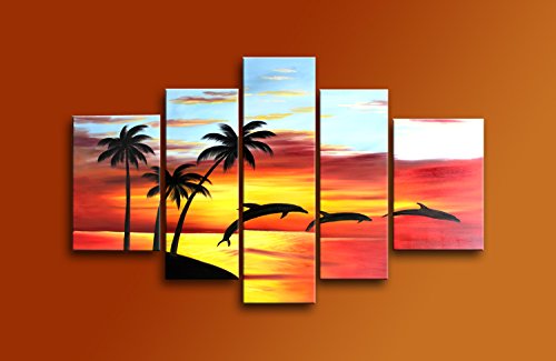 6226168809413 - SR COCONUT TREE WITH DOLPHINS 5 PCS/SET 100% HAND PAINTED OIL PAINTINGS HOME DECORATION WITH WOOD FRAMED ARTWORK AND READ TO HANG MODERN CANVAS ART WALL DECOR