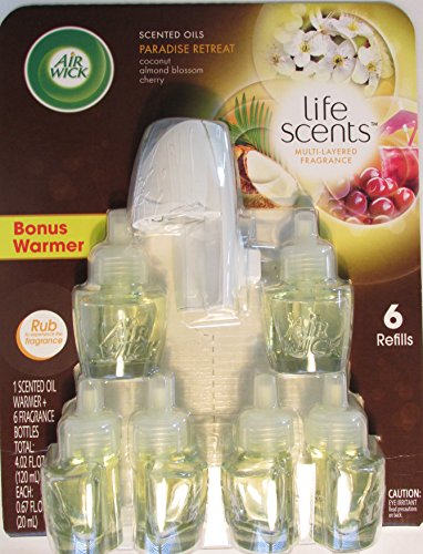 0062338935331 - AIR WICK LIFE SCENTS PARADISE RETREAT COCONUT, ALMOND BLOSSOM, AND CHERRY 6 REFILLS + 1 SCENTED WARMER