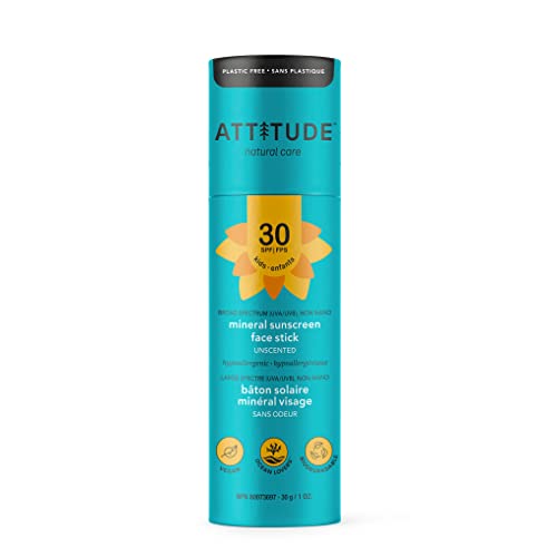 0626232160420 - ATTITUDE SUNSCREEN STICK, BROAD SPECTRUM UVA/UVB, PLANT AND MINERAL-BASED FORMULA, CORAL REEFS FRIENDLY, VEGAN AND CRUELTY-FREE SUN CARE PRODUCTS, FACE, SPF 30, UNSCENTED, 1 OZ
