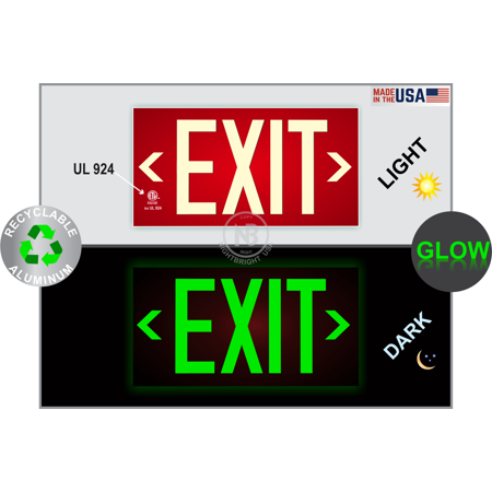 0626570615378 - PHOTOLUMINESCENT EXIT SIGN RED - CODE APPROVED ALUMINUM UL 924/IBC 2012/NFPA 101 2012