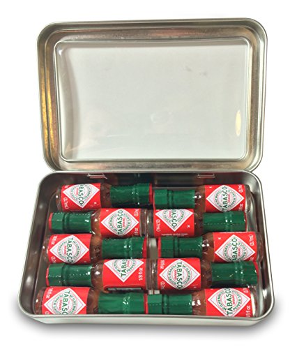 0627124146041 - MINIATURE TABASCO GIFT TIN. TEN 1/8 OUNCE MINI BOTTLES OF ORIGINAL TABASCO PEPPER SAUCE IN A HINGED TIN WITH A CLEAR SEE THROUGH TOP.