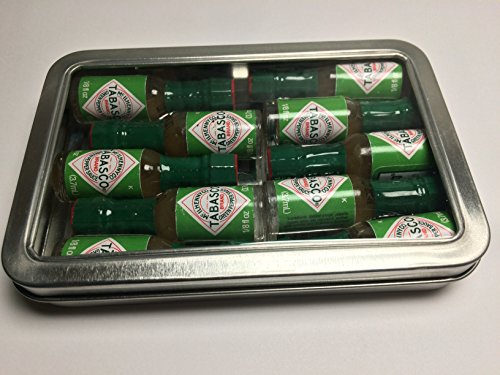 0627124149486 - MINIATURE TABASCO GIFT TIN. TEN 1/8 OUNCE MINI BOTTLES OF HARD TO FIND GREEN JALAPENO TABASCO PEPPER SAUCE IN A HINGED TIN WITH A CLEAR SEE THROUGH TOP.