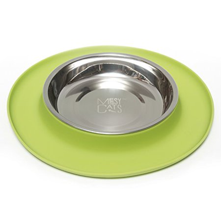 0628043600829 - MESSY CATS STAINLESS STEEL CAT FEEDER WITH NON-SLIP SILICONE BASE, MEDIUM, GREEN