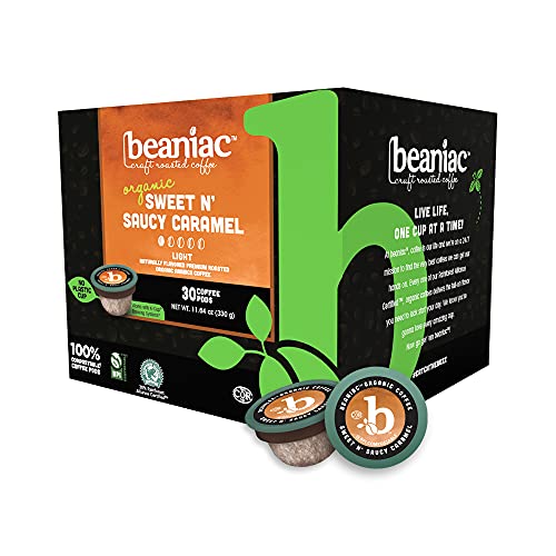 0628052770766 - BEANIAC SWEET N SAUCY CARAMEL | FLAVORED LIGHT ROAST, SINGLE SERVE COFFEE K CUP PODS | RAINFOREST ALLIANCE CERTIFIED AND ORGANIC ARABICA COFFEE WITH NATURAL FLAVORS | 30 COMPOSTABLE, PLANT-BASED COFFEE PODS | KEURIG BREWER COMPATIBLE