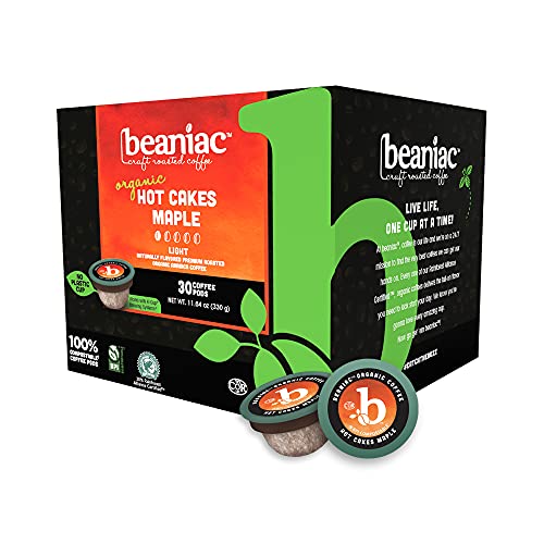 0628052770773 - BEANIAC HOT CAKES MAPLE | FLAVORED LIGHT ROAST, SINGLE SERVE COFFEE K CUP PODS | RAINFOREST ALLIANCE CERTIFIED AND ORGANIC ARABICA COFFEE WITH NATURAL FLAVORS | 30 COMPOSTABLE, PLANT-BASED COFFEE PODS | KEURIG BREWER COMPATIBLE