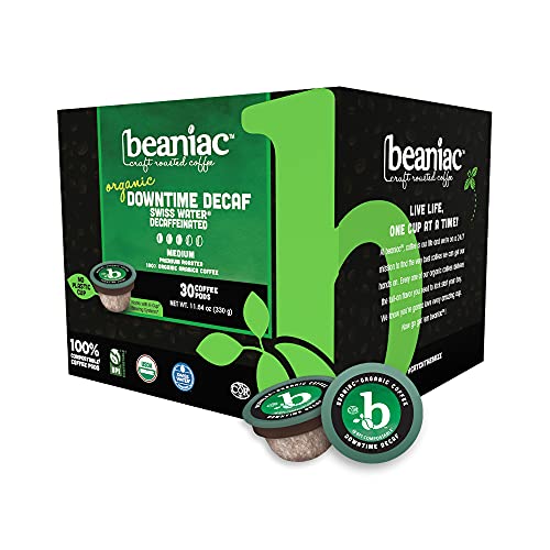 0628052770780 - BEANIAC ORGANIC DOWN TIME DECAF| DECAFFEINATED MEDIUM ROAST, SINGLE SERVE COFFEE K CUP PODS | ORGANIC ARABICA COFEE | 30 COMPOSTABLE, PLANT-BASED COFFEE PODS | KEURIG BREWER COMPATIBLE