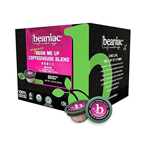 0628052770797 - BEANIAC ORGANIC BEAN ME UP COFFEEHOUSE BLEND| MEDIUM ROAST, SINGLE SERVE COFFEE K CUP PODS | RAINFOREST ALLIANCE CERTIFIED AND ORGANIC ARABICA COFEE | 30 COMPOSTABLE, PLANT-BASED COFFEE PODS | KEURIG BREWER COMPATIBLE