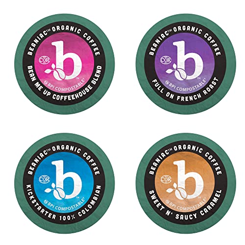0628052771008 - BEANIAC BIG BUZZ VARIETY PACK, SINGLE SERVE COFFEE K CUP POD VARIETY PACK, RAINFOREST ALLIANCE CERTIFIED ORGANIC ARABICA COFFEE WITH NATURAL FLAVORS, 75 COMPOSTABLE PLANT-BASED COFFEE PODS, KEURIG BREWER COMPATIBLE