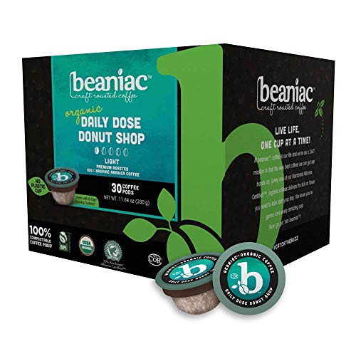 0628052886504 - BEANIAC ORGANIC DAILY DOSE DONUT SHOP| LIGHT ROAST, SINGLE SERVE COFFEE K CUP PODS | RAINFOREST ALLIANCE CERTIFIED | 30 COMPOSTABLE, PLANT-BASED COFFEE PODS | KEURIG BREWER COMPATIBLE