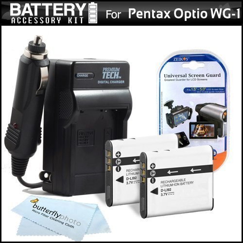 0628586511262 - 2 PACK BATTERY AND CHARGER KIT FOR PENTAX OPTIO WG-1, WG-2, WG-3, WG-3 GPS WATERPROOF DIGITAL CAMERA INCLUDES 2 EXTENDED (1000MAH) REPLACEMENT D-LI92 BATTERIES + AC/DC RAPID TRAVEL CHARGER + LCD SCREEN PROTECTORS + MICROFIBER CLEANING CLOTH