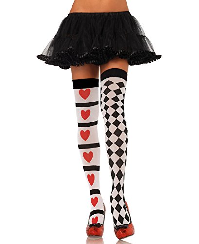6292722686035 - LEG AVENUE 6315 WOMEN'S HARLEQUIN AND HEART THIGH HIGH STOCKINGS - ONE SIZE - WHITE/RED/BLACK