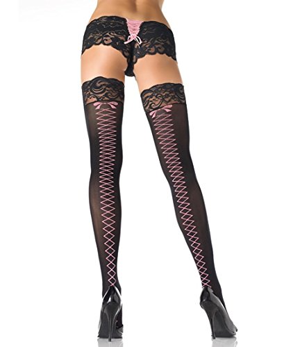 6292722715445 - LEG AVENUE 9550 WOMEN'S STAY UP LACE TOP LYCRA THIGH HIGH STOCKINGS - ONE SIZE - BLACK/PINK