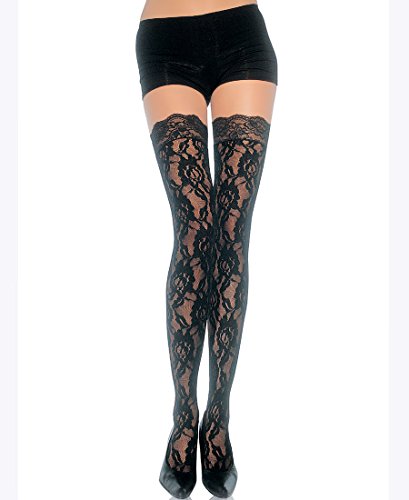 6292722715841 - LEG AVENUE 9762 WOMEN'S ROSE LACE THIGH HIGH STOCKINGS WITH LACE TOP - ONE SIZE - BLACK