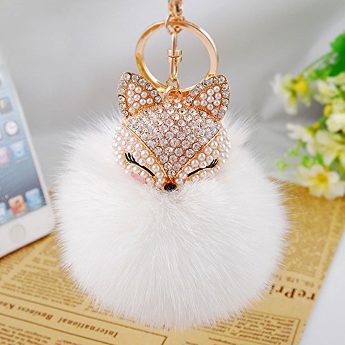 6297953222762 - GENERIC REAL FOX FUR BALL WITH ARTIFICIAL FOX HEAD INLAY PEARL RHINESTONE KEY CHAIN FOR WOMENS BAG OR CELLPHONE OR CAR PENDANT (WHITE)