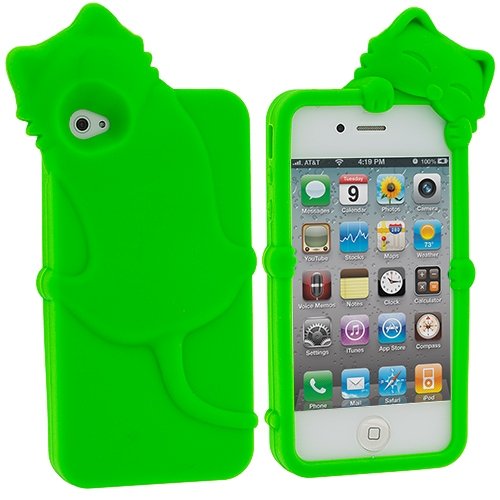 0629910057913 - NEON GREEN CAT SILICONE RUBBER GEL SOFT SKIN CASE COVER FOR APPLE IPHONE 4 4G 4S